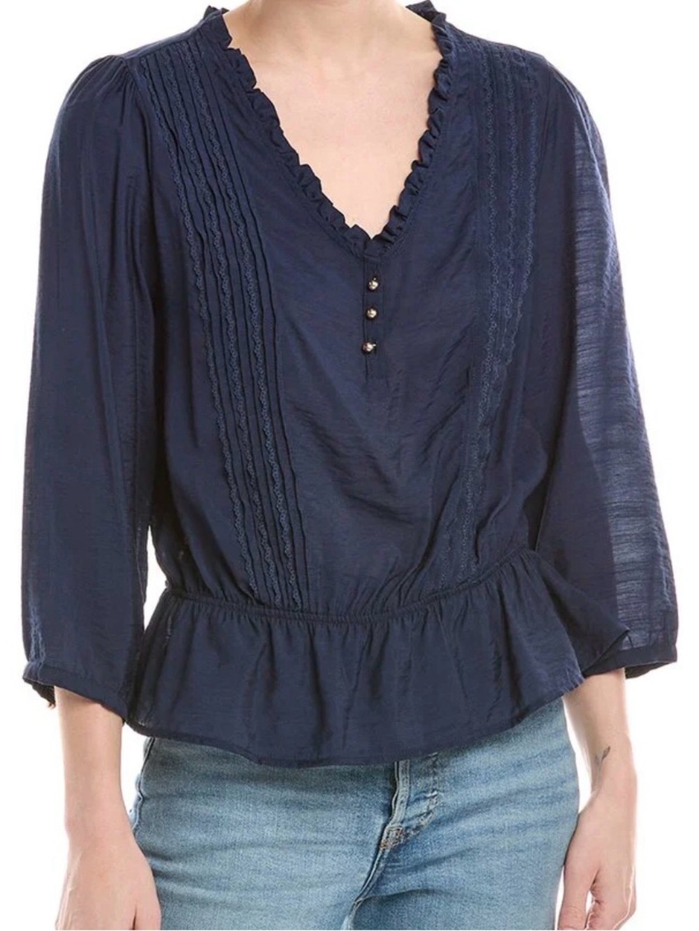 Sam Edelman Navy Blue Pintuck Ruffle V-Neck Peplum Blouse 3/4 Sleeves Size Small